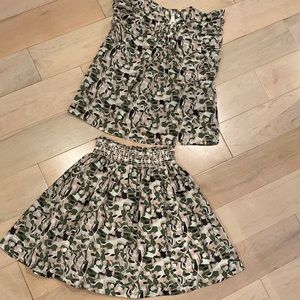 Bonpoint soft textured dots cotton olive print smocked skirt ruffle blouse set